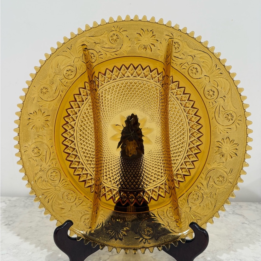 Vintage Indiana Glass Tiara Amber Divided Serving Tray Sawtooth Edge